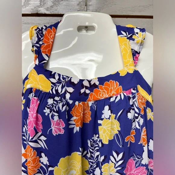 Vibrant Floral Mini Dress - Blue, Yellow, Pink, Orange - Picture 2 of 11